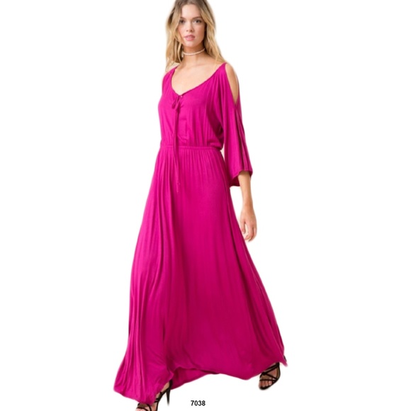 Dresses & Skirts - Pink Magenta Maxi Dress V Neck Wrap Cold Shoulder